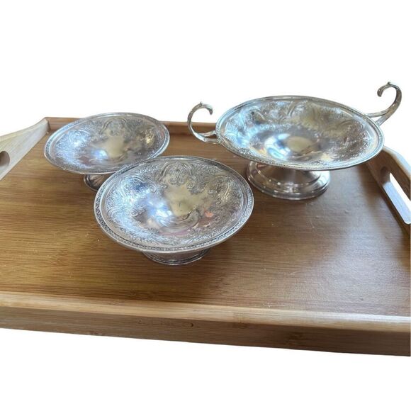 Antique Wilcox S.P. Internationals Silver Compote Bowl Pedestal Dessert 3pc Set - Picture 1 of 16